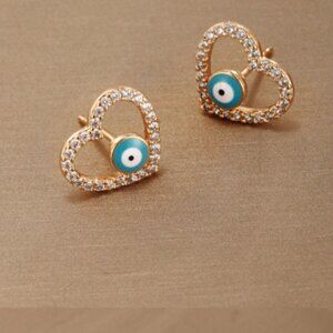 3/$35 Dainty 18K Gold Plated Heart Blue Evil Eyes Stud Earrings Rhinestones